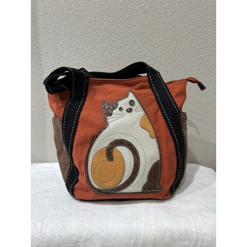 Chala Lazy Cat Orange / Brown Canvas Carryall Zip Tote Bag Vegan Cat Lovers